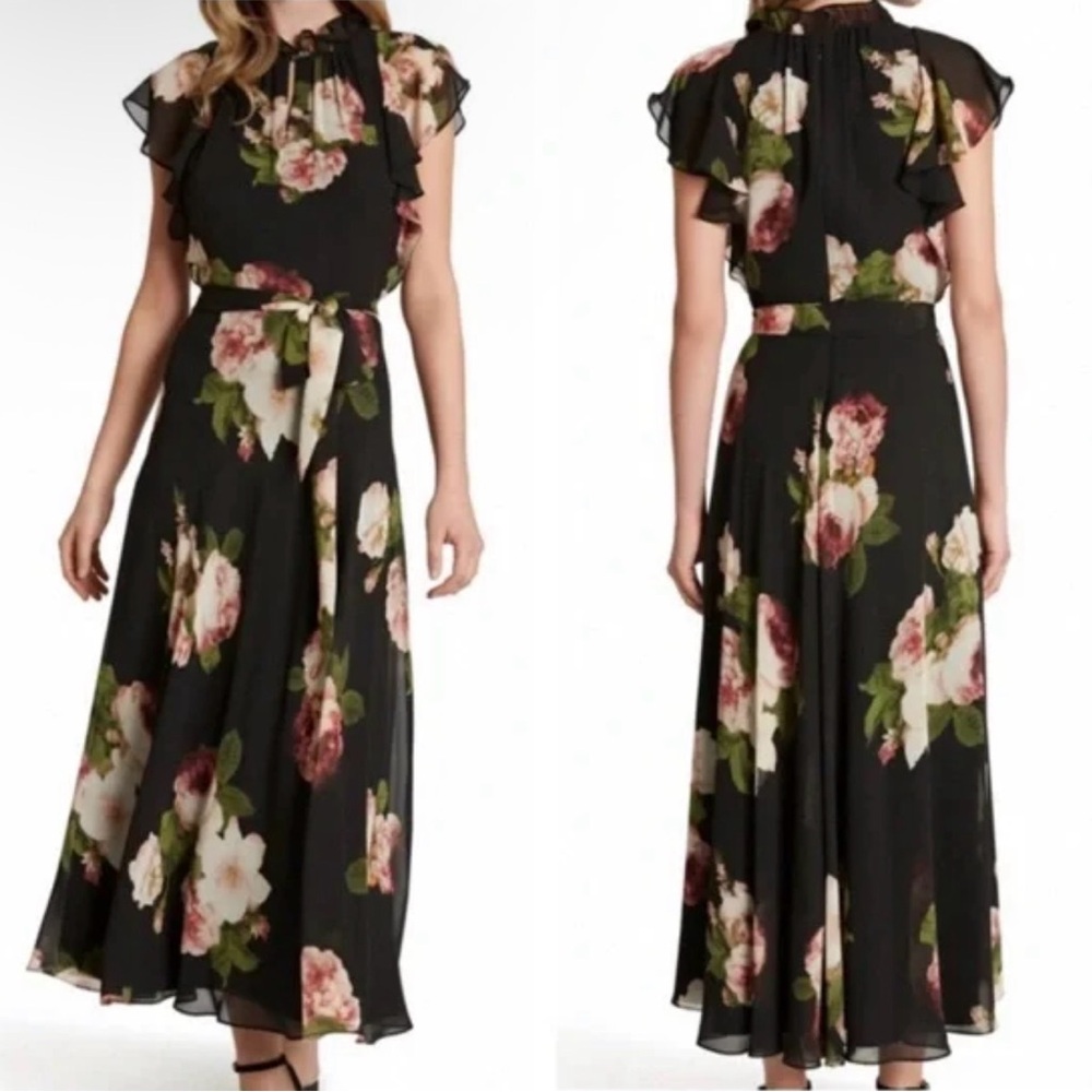 Tahari Black Rose Floral Maxi Dress, Size 2